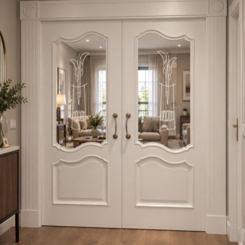 PUERTA CORREDERA DOBLE LACADA MODELO 902 1 VIDRIO CON CAPITELES Y PLINTO
