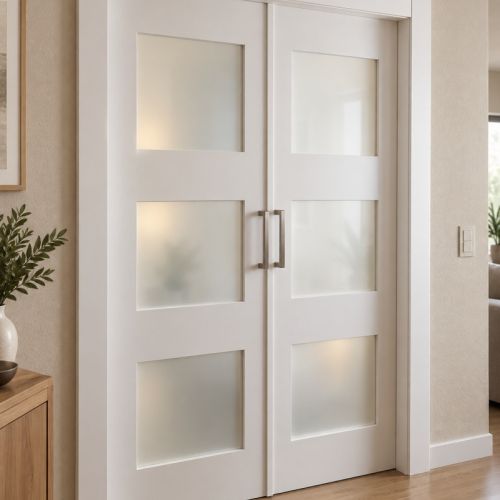 PUERTA LACADA BLANCA CORREDERA DOBLE 3 CUADROS CRISTAL