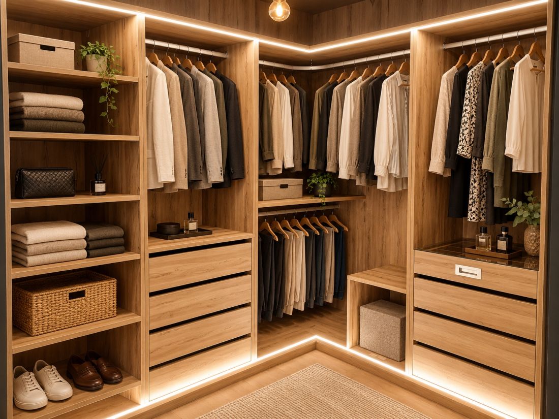 VE99 VESTIDOR EN L CON BALDAS EXTRAIBLES, BALDAS FIJAS, CAJONERAS Y CAJON DIVIDIDO CON TAPA DE CRISTAL. LUCES LED SUPERIORES E INFERIORES