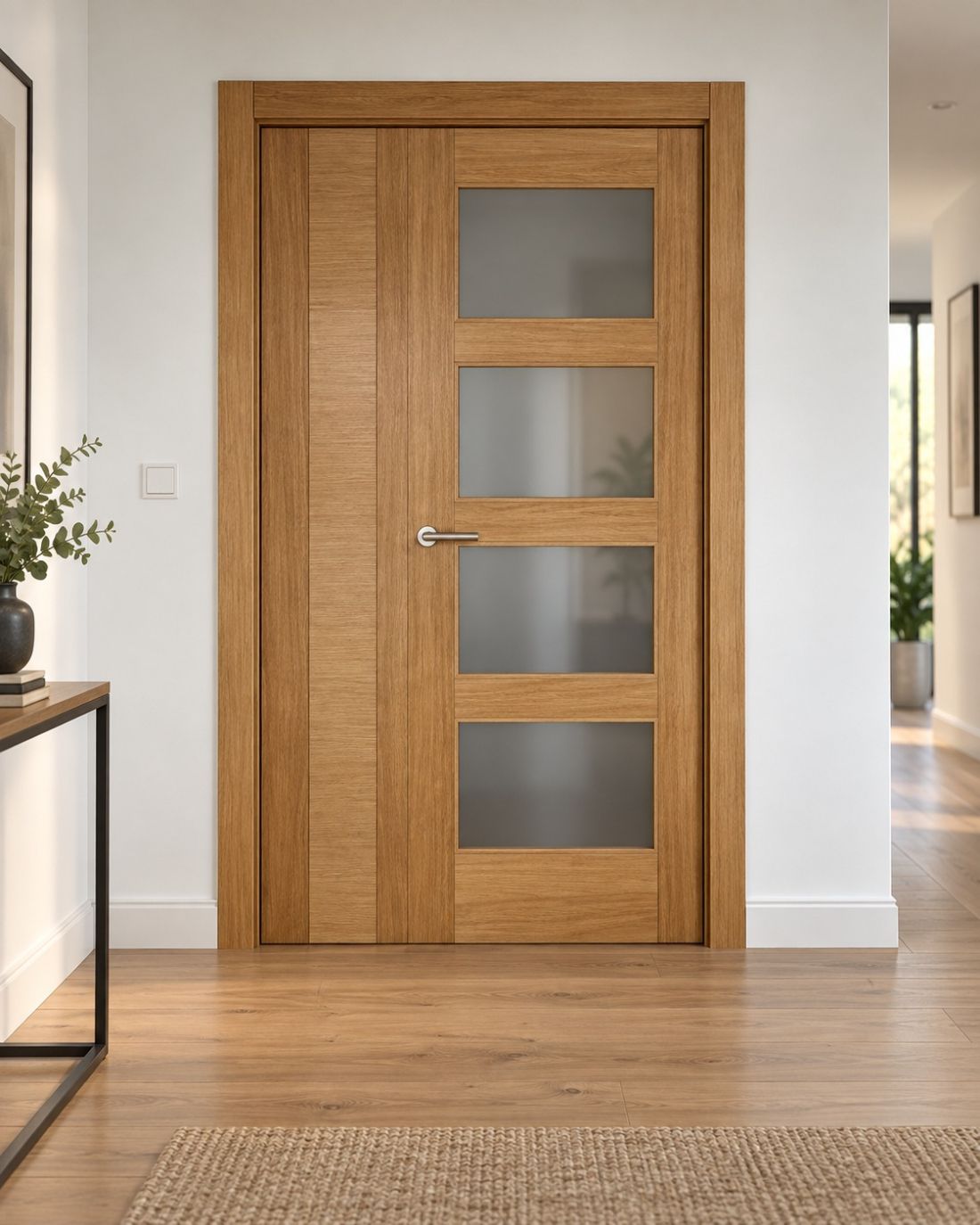 PUERTA ROBLE MODERNA VIDRIERA CON FIJO CIEGO ABATIBLE