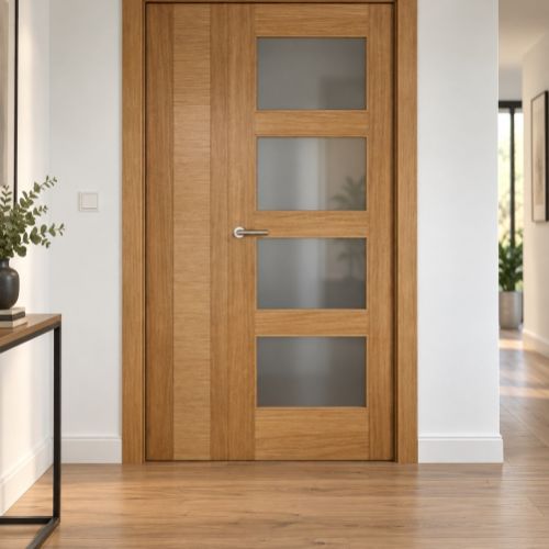 PUERTA ROBLE MODERNA VIDRIERA CON FIJO CIEGO ABATIBLE