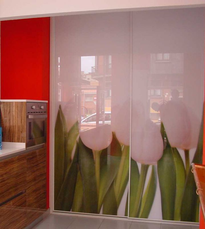 FC222 FRENTE CORREDERO CRISTAL CON FOTO PERSONALIZADA TULIPANES. PERFILES ALUMINIO Y REMATES EN LACADO BLANCO