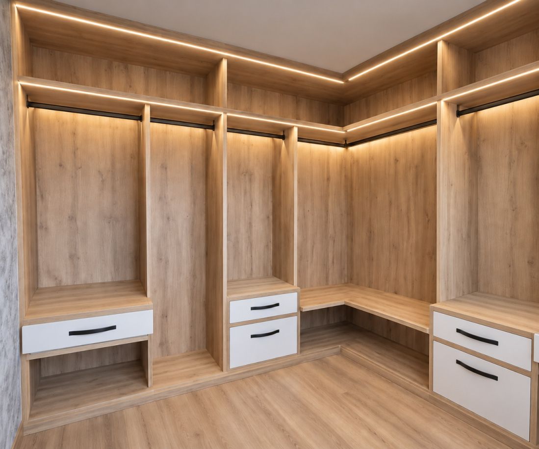 VE1172 VESTIDOR EN 30MM CON DETALLES MOKA, CAJONES DIVIDIDOS CON TAPA DE CRISTAL Y CAJONERAS